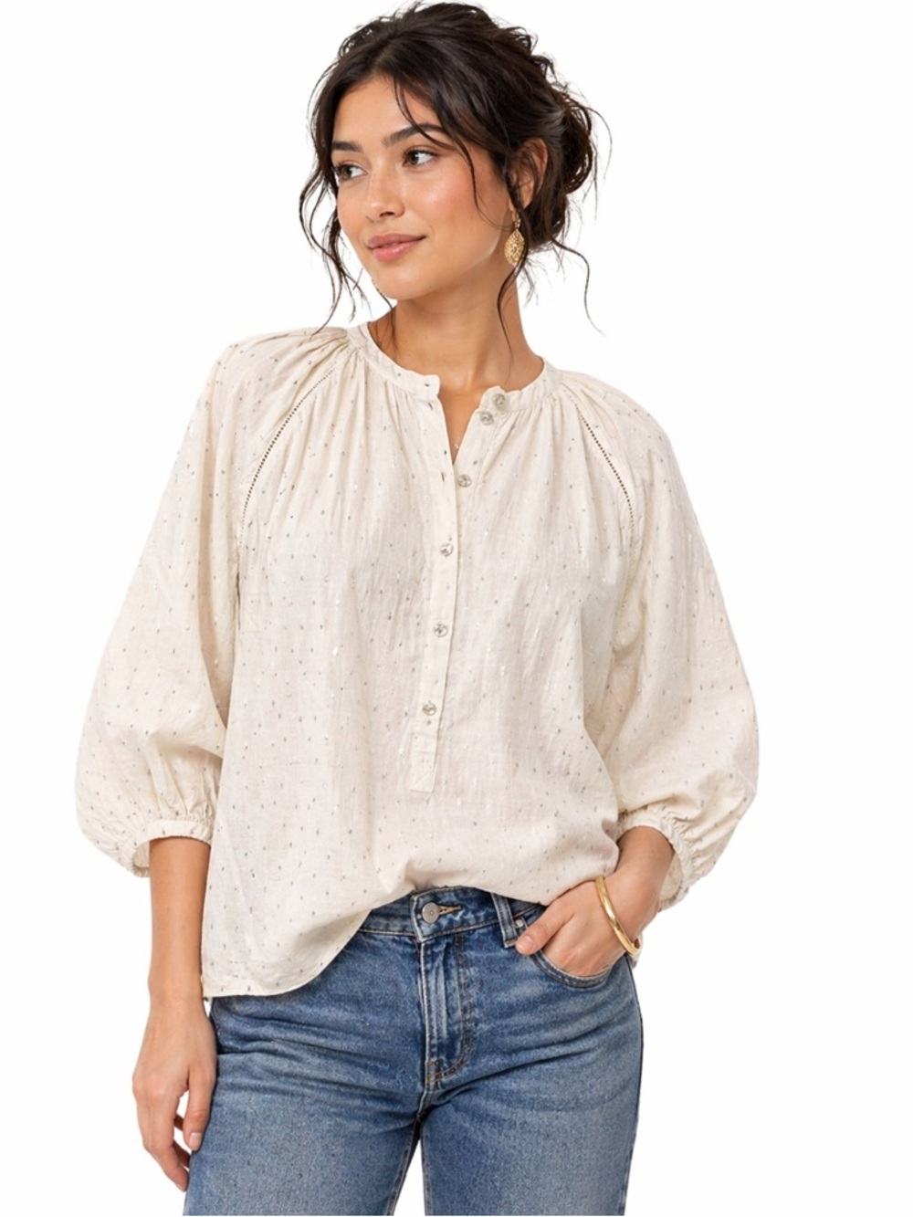 Scarlett Poppies Cotton Peasant Blouse XS Small Cream Silver Boho Cottagecore